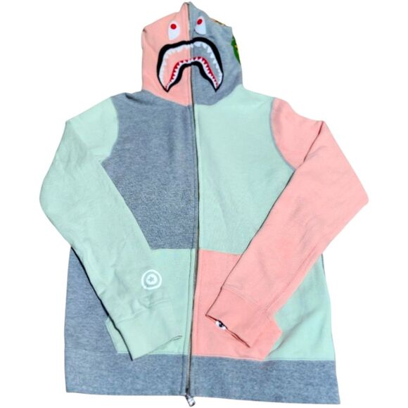 A Bathing Ape Gray/Mint/Pink Full Zip Shark Hoodie. Sz. S - Picture 1 of 12
